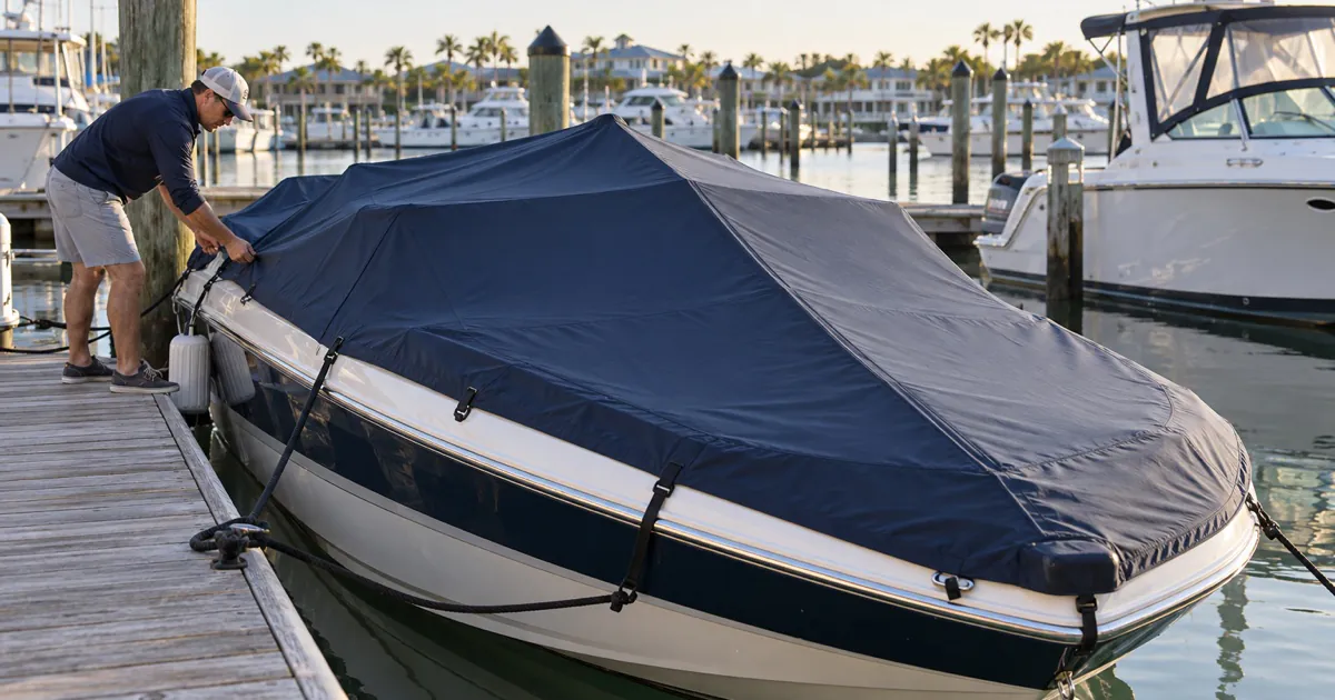 Boat owner fitting a navy mooring cover on a runabout in a marina wet slip