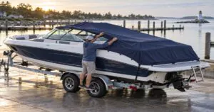 Deck boat owner fitting a dark navy trailerable cover around the windshield and swim platform