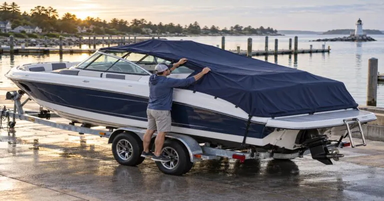 Deck boat owner fitting a dark navy trailerable cover around the windshield and swim platform