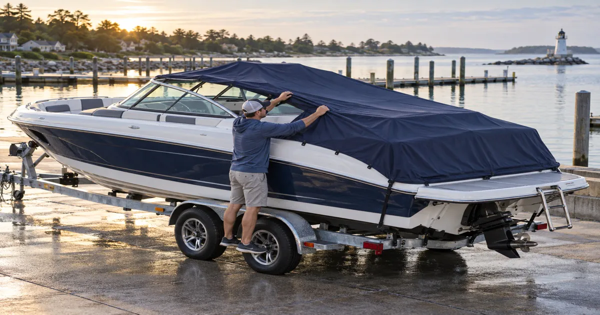 Deck boat owner fitting a dark navy trailerable cover around the windshield and swim platform