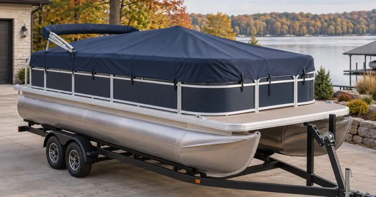 Generic pontoon boat with a navy cover over the fenced seating area and an exposed front deck